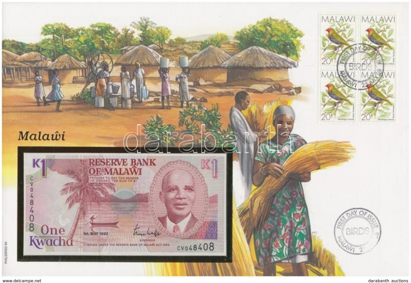 Malawi 1992. 1K Felbélyegzett Borítékban, Bélyegzéssel T:I 	 Malawi 1992. 1 Kwacha In Envelope With Stamp And Cancellati - Sin Clasificación