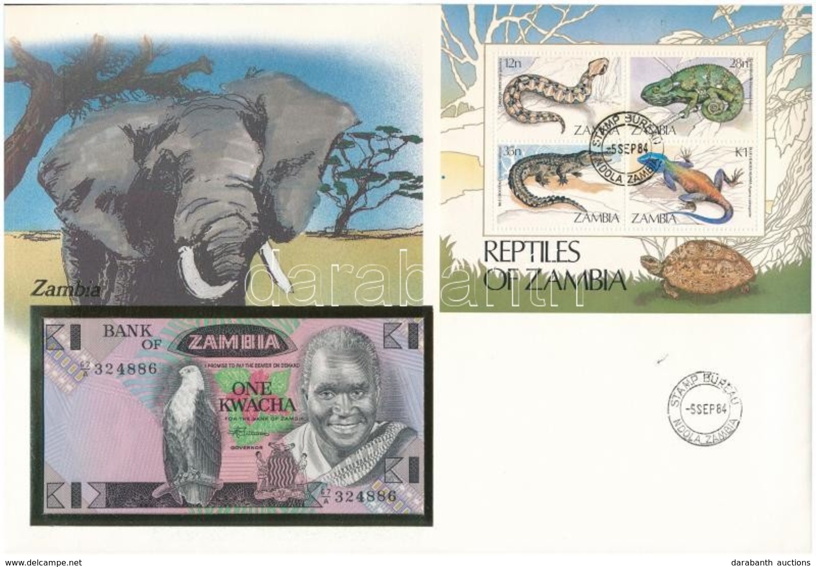 Zambia 1980-1988. 1K Felbélyegzett Borítékban, Bélyegzéssel T:I  Zambia 1980-1988. 1 Kwacha In Envelope With Stamp And C - Sin Clasificación