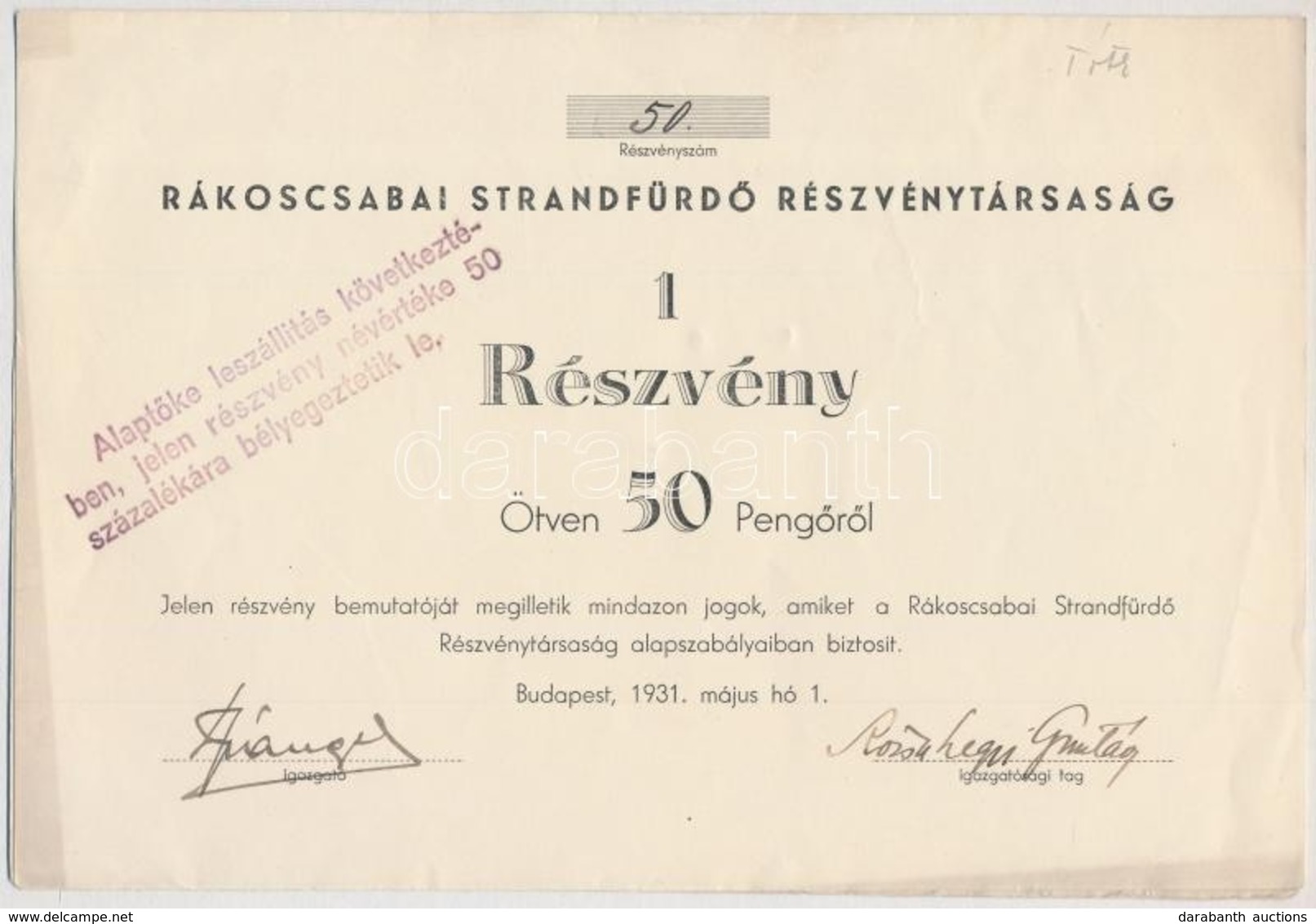 Budapest 1931. "Rákoscsabai Strandfürdő Részvénytársaság" Részvény 50P-ről T:II - Ohne Zuordnung