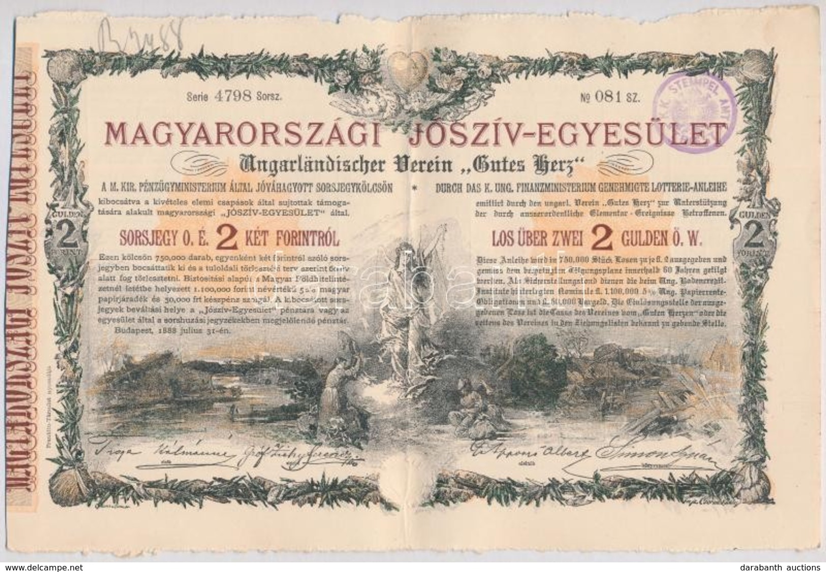 Budapest 1888. "Magyarországi Jószív-Egyesület" (4x) Sorsjegykölcsön 2Ft-ról, Szárazpecséttel, Bélyegzéssel, Sorszámköve - Ohne Zuordnung