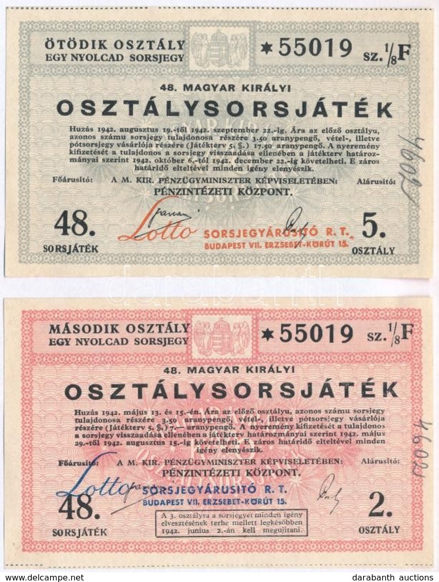 1942. "48. Magyar Királyi Osztálysorsjáték" 2. és 5. Osztály Egynyolcad Sorsjegye, Mindegyik "Lotto Sorsjegyárusitó R.T. - Ohne Zuordnung