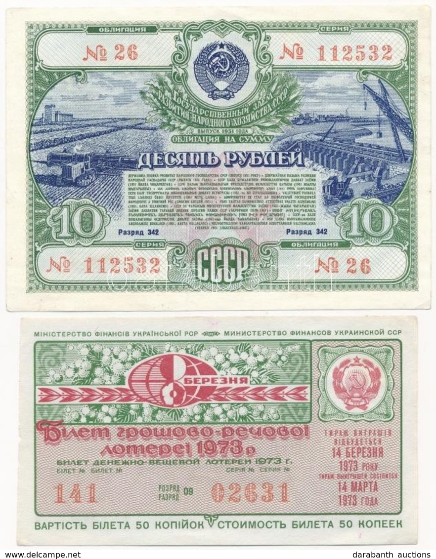 Szovjetunió 1951. 10R Sorsjegy + 1973. 50k Sorsjegy T: Soviet Union 1951. 10 Rubles Lottery Ticket + 1973. 50 Kopeks Lot - Ohne Zuordnung