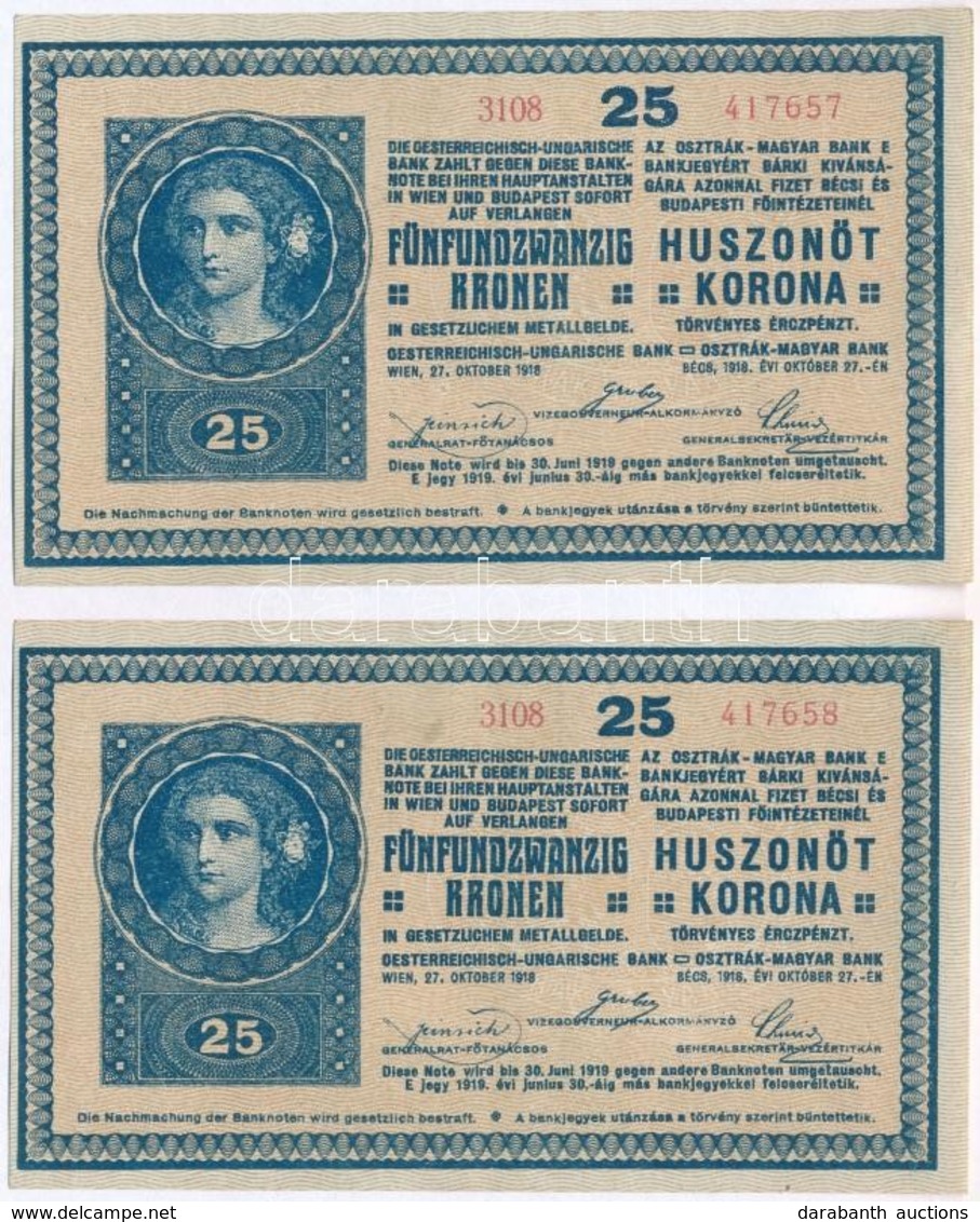 1918. 25K "3108" 3,5mm, Hullámos Hátlappal (2x), Sorszámkövetők T:I-,II Adamo K22/4 - Non Classificati