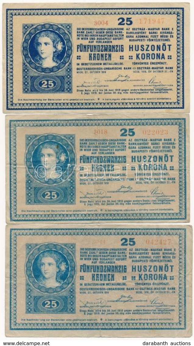 1918. 25K (3x) "3004", "3018" és "3044" Sorozatszámok, 3mm, Sima Hátlap T:III,III- - Ohne Zuordnung