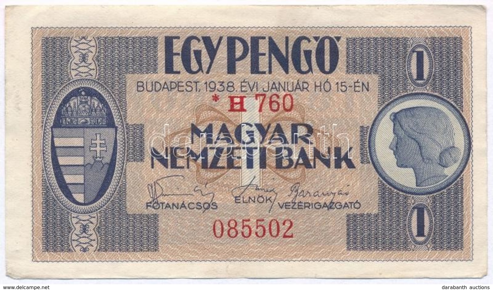 1938. 1P Csillagos Sorozatszám "H 760 085502" T:II- / Hungary 1938. 1 Pengő "H 760 085502" Serial Number With Star C:VF  - Ohne Zuordnung