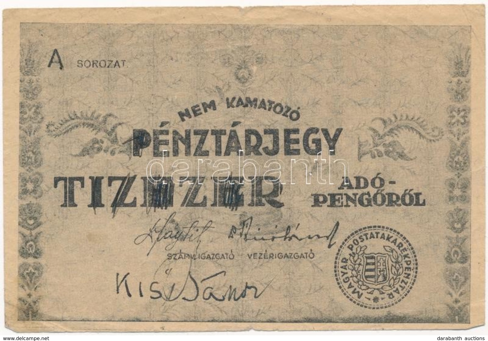 1946. 10.000AP Nem Kamatozó Pénztárjegy "Másra Át Nem Ruházható" Felülbélyegzés és Sorszám Nélkül T:III,III- Ly. Adamo P - Ohne Zuordnung