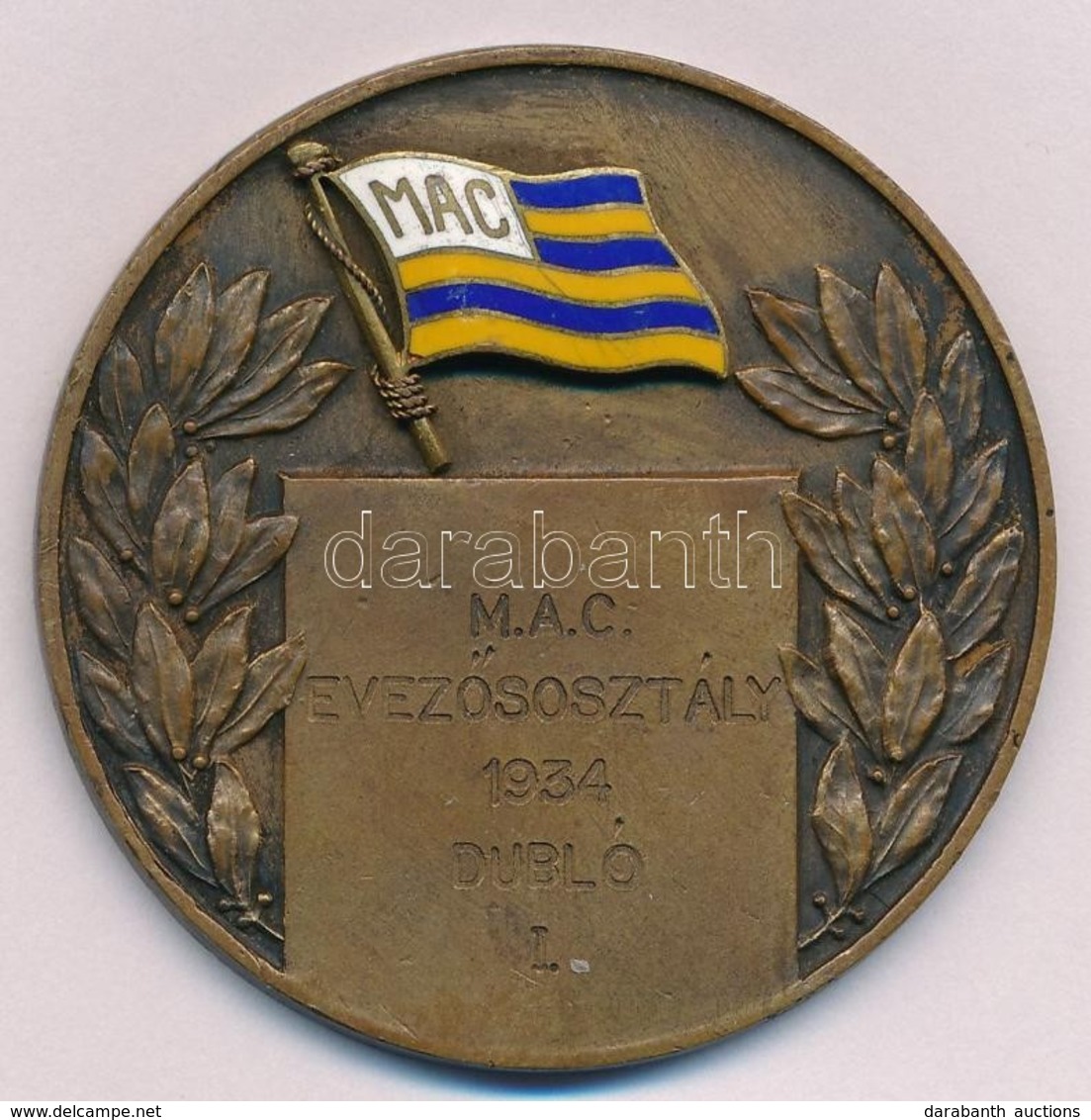 1935. "M.A.C. (Magyar Athletikai Club)" Egyoldalas Br Díjérem, Zománcbetéttel, Előlapon Gravírozva "M.A.C. Evezősosztály - Ohne Zuordnung