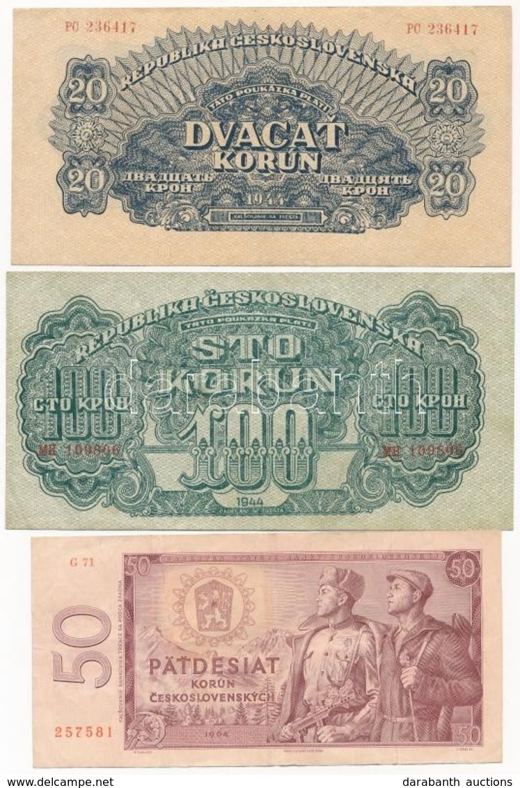 Csehszlovákia 1944. 20K + 100K + 1964 (1965). 50K T:III Czechoslovakia 1944. 20 Korun + 100 Korun + 1964 (1965). 50 Koru - Ohne Zuordnung