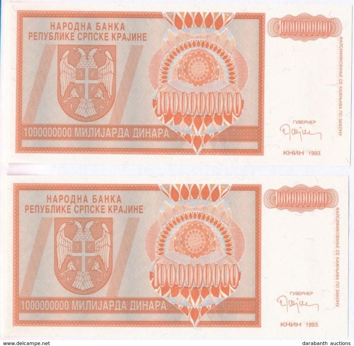 Horvátország / Krajna Szerb Köztársaság 1993. 1.000.000.000D (2x) Sorszám Nélkül T:I Croatia / Republic Of Serbian Kraji - Ohne Zuordnung