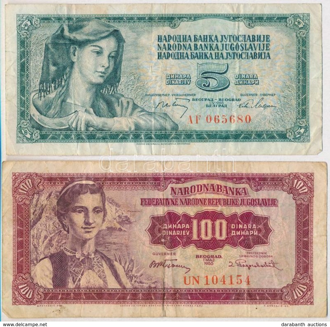 Jugoszlávia 1955. 100D + 1968. 5D T:III Yugoslavia 1955. 100 Dinara + 1968. 5 Dinara C:F - Ohne Zuordnung