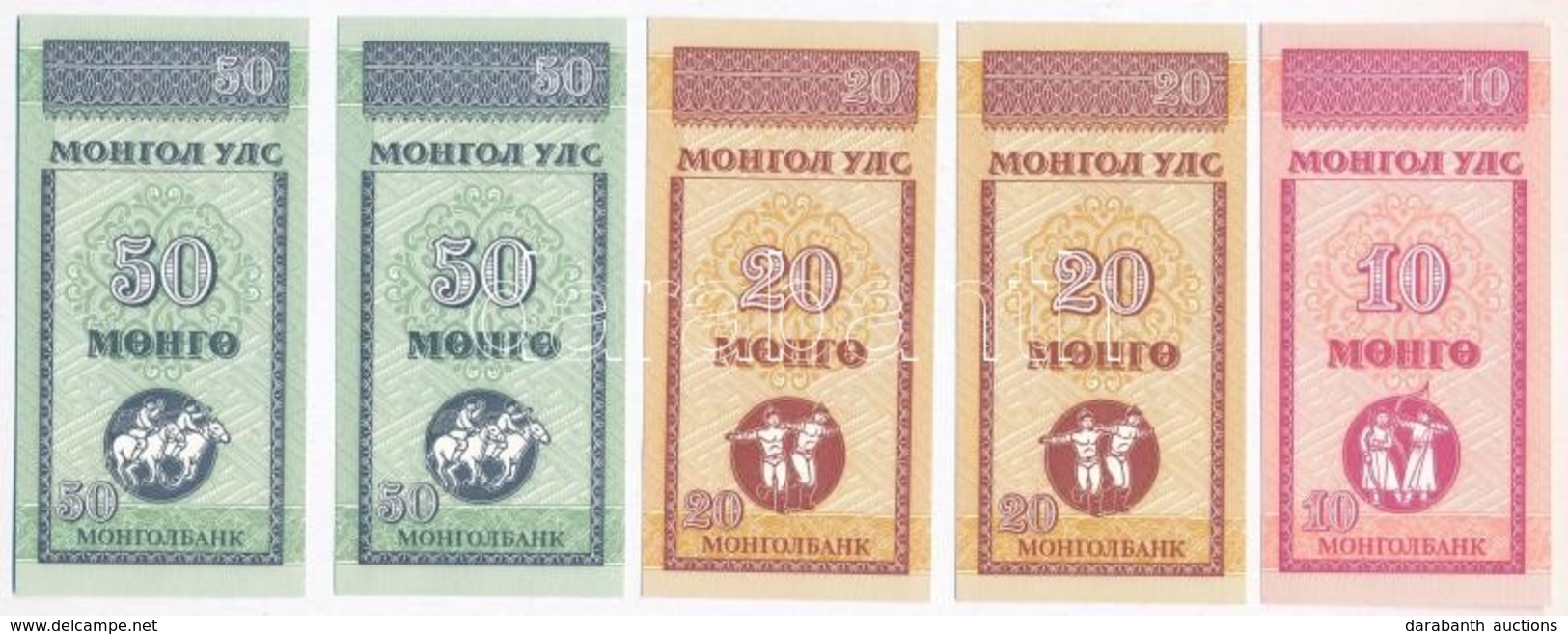 Mongólia 1993. 10M + 20M (2x) + 50M (2x) T:I  Mongolia 1993 10 Mongo + 20 Mongo (2x) + 50 Mongo (2x) C:UNC  Krause KM#49 - Ohne Zuordnung