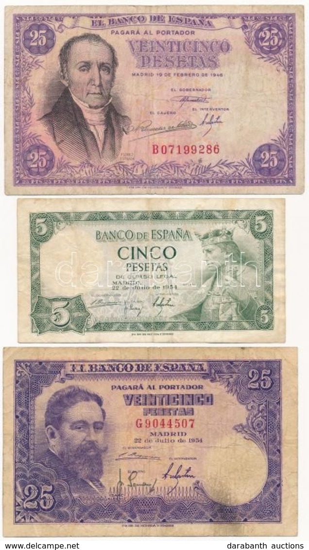 Spanyolország 1946. 25P + 1954. 5P + 25P T:III Spain 1946. 25 Pesetas + 1954. 5 Pesetas + 25 Pesetas C:F - Ohne Zuordnung