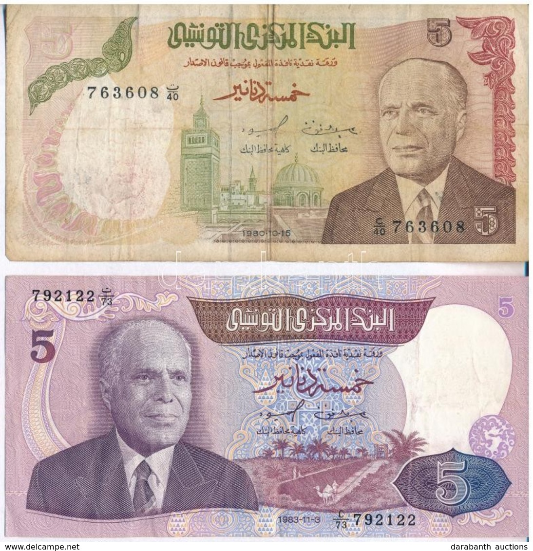 Tunézia, 1980. 5D + 1983. 5D T:III,III- Tunisia 1980. 5 Dinars + 1983. 5 Dinars C:F,VG - Ohne Zuordnung