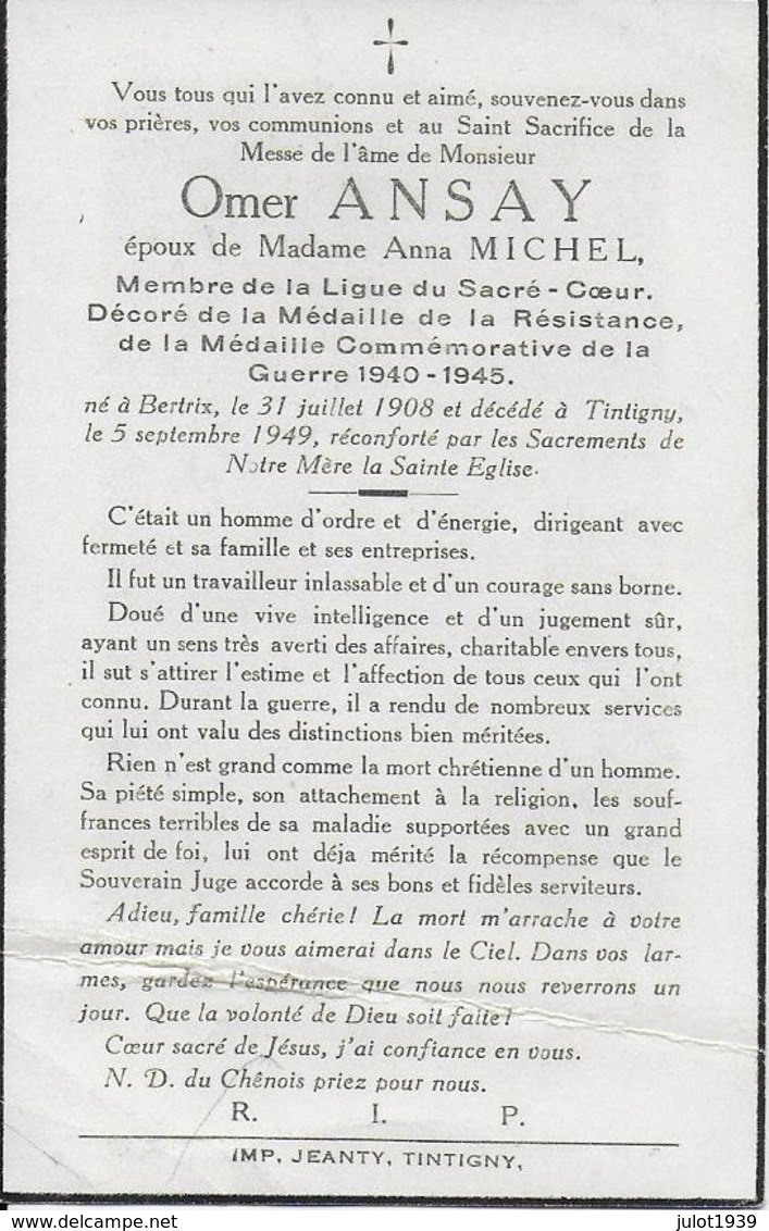 TINTIGNY ..-- Mr Omer ANSAY , Résistant , époux De Mme Anna MICHEL , Né En 1908 à BERTRIX , Décédé En 1949 . - Tintigny