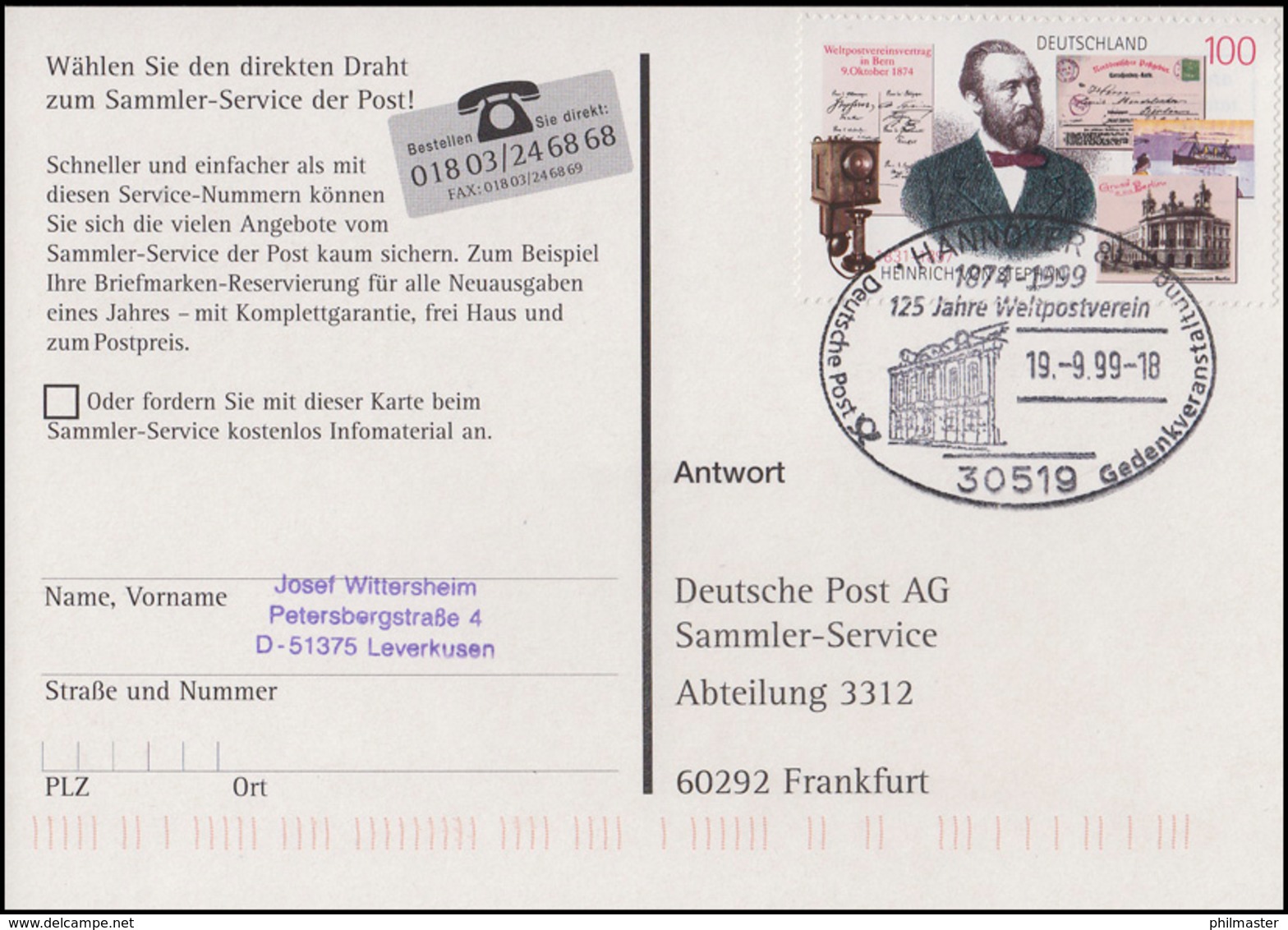 1912 Heinrich Von Stephan AK Reichspostamt SSt Hannover Weltpostverein 19.9.1999 - U.P.U.