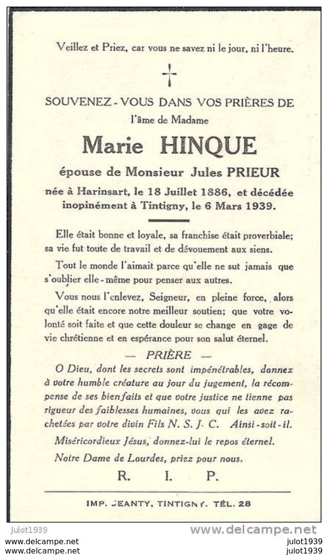 TINTIGNY ..-- Mme Marie HINQUE , épouse De Mr Jules PRIEUR , Née à HARINSART En 1886 , Décédée En 1939 . - Tintigny