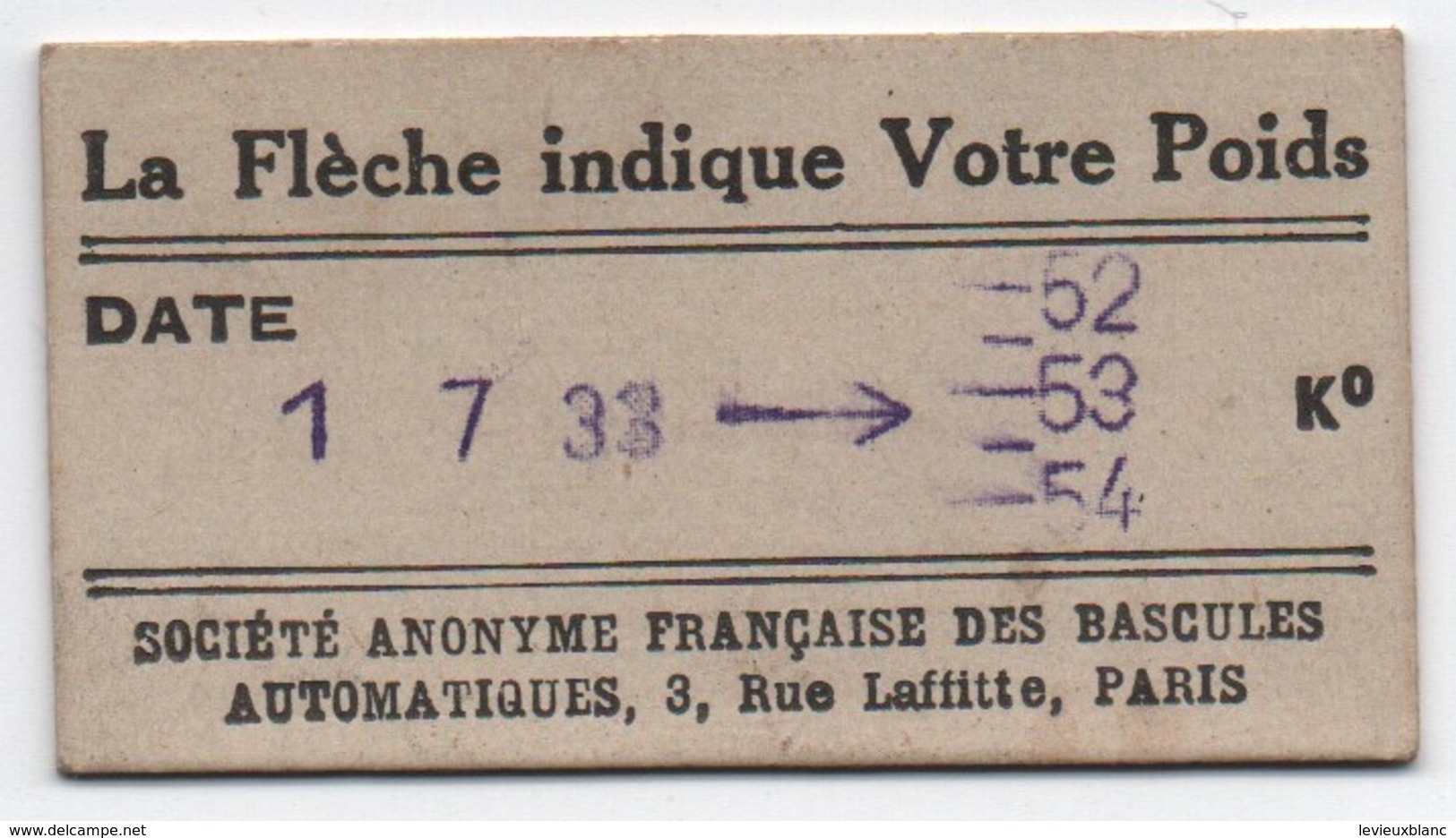 Ticket De Pesée/ Société Anonyme Française Des Bascules  Automatiques/ Pesez Vous Régulièrement/1933            PARF205 - Altri & Non Classificati