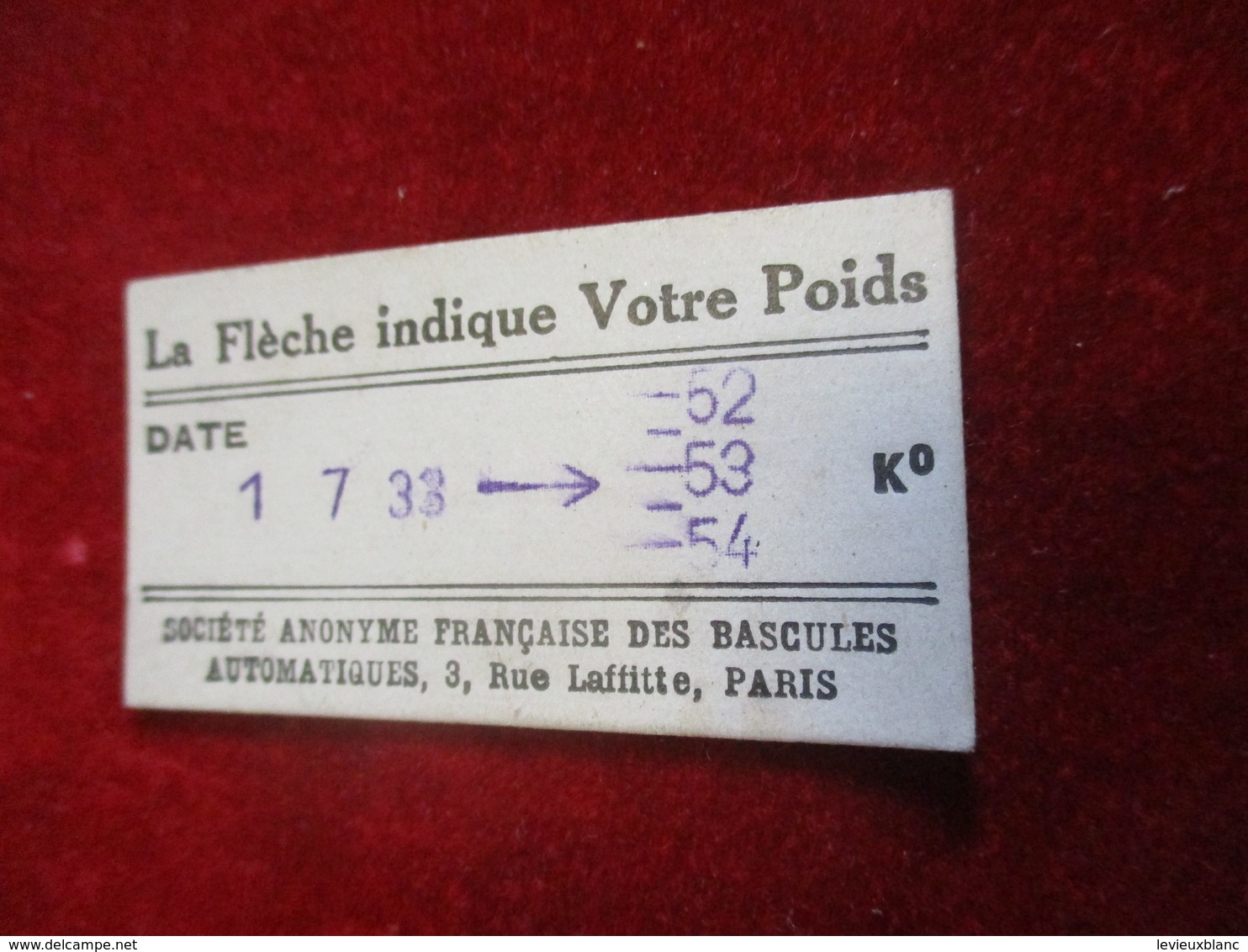 Ticket De Pesée/ Société Anonyme Française Des Bascules  Automatiques/ Pesez Vous Régulièrement/1933            PARF205 - Otros & Sin Clasificación