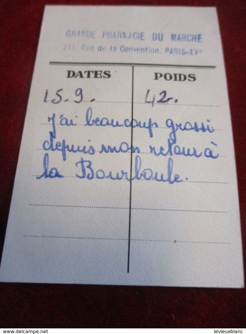 Fiche   De Pesées /FUCA/Faites Une Cure Amaigrissante/Grande Pharmacie Du Marché/Paris XVéme/Vers 1950-1960   PARF206 - Other & Unclassified