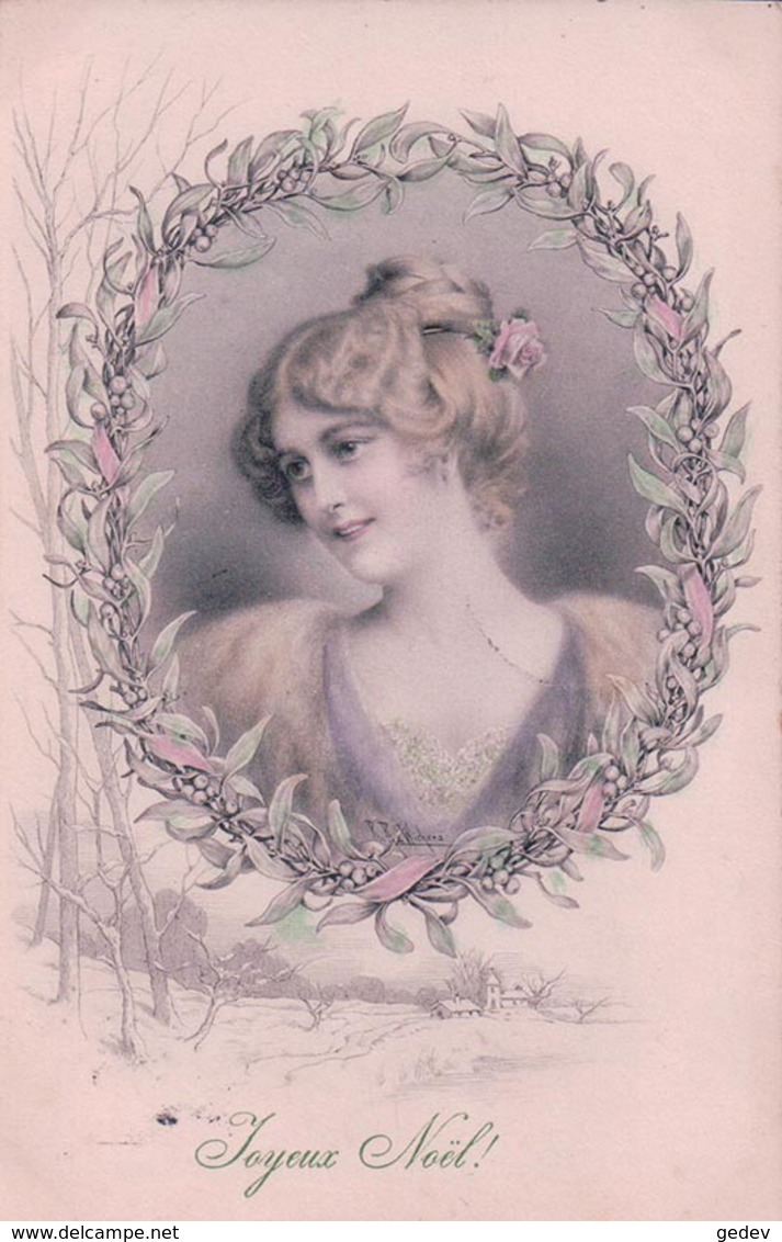 R.R. Wichera Illustrateur, Joyeux Noël, Portrait De Femme Dans Médaillon, Litho (476) - Wichera