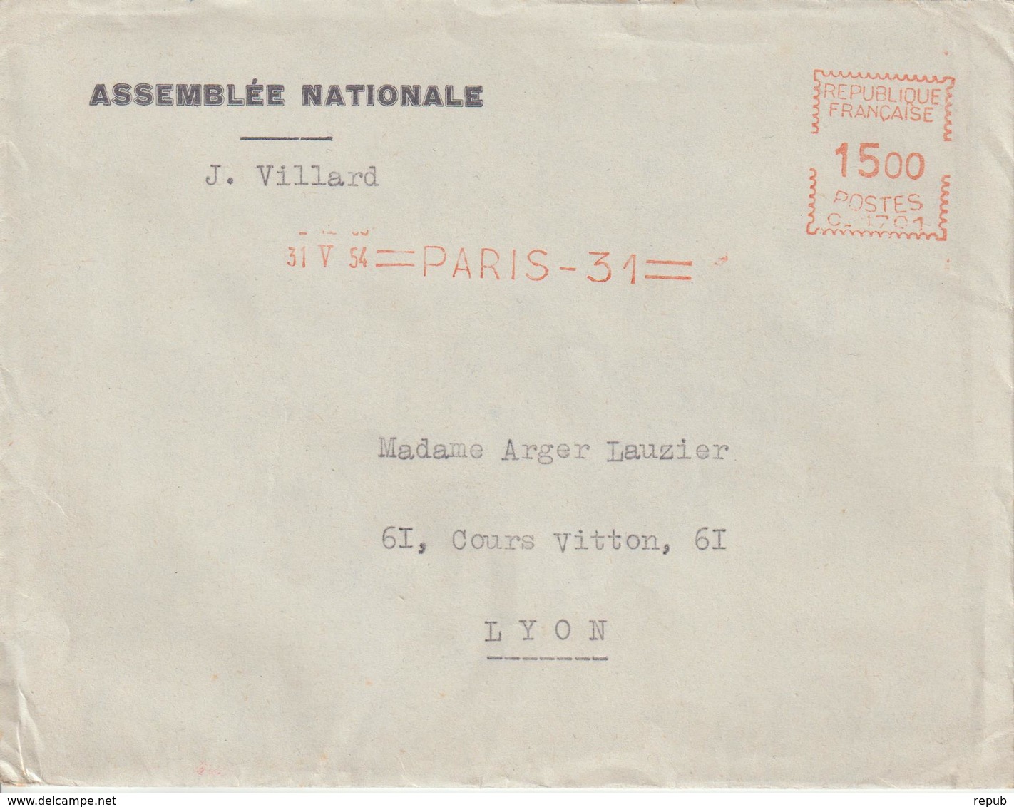 France EMA 1954 Paris 31 Sur Lettre Assemblée Nationale - 1921-1960: Modern Period