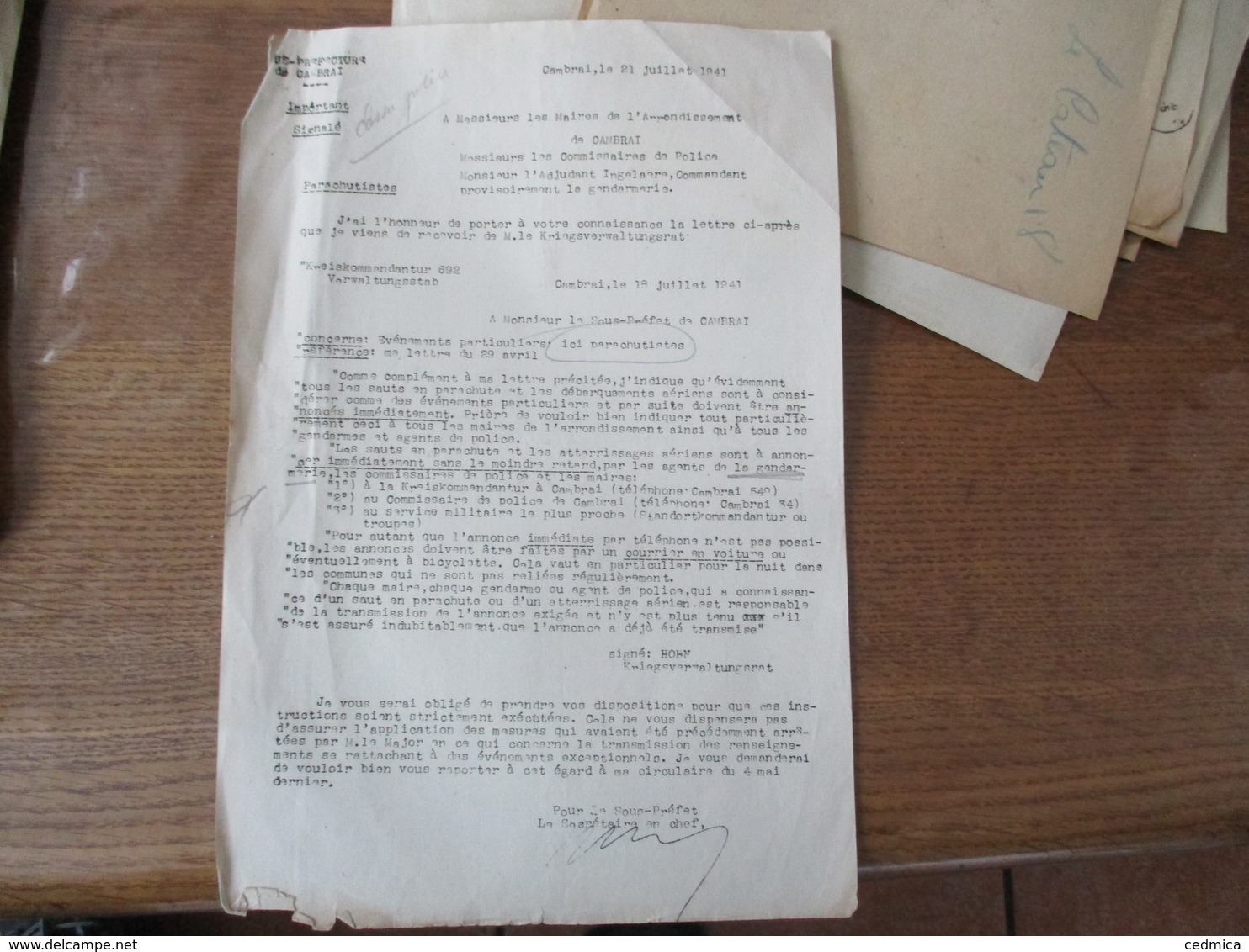 CAMBRAI LE 21 JUILLET 1941 LE SOUS PREFET LETTRE DE M. LE KRIEGSVERWALT TUNGSSTAB KREISKOMMANDANTUR 692 PARACHUTISTES - Documents Historiques