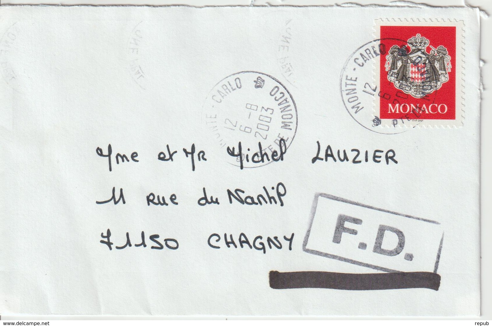 France 2003 Cachet FD Chalons Sur Saone Sur Lettre De Monaco - 1961-....