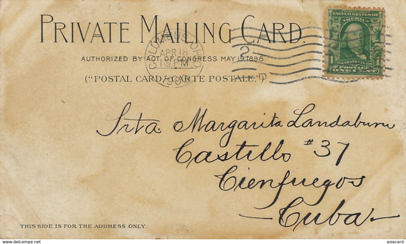 Litho Private Mailing Card From Columbus Ohio To Cienfuegos Cuba . Ethnology Building. Indians . Indiens. - America