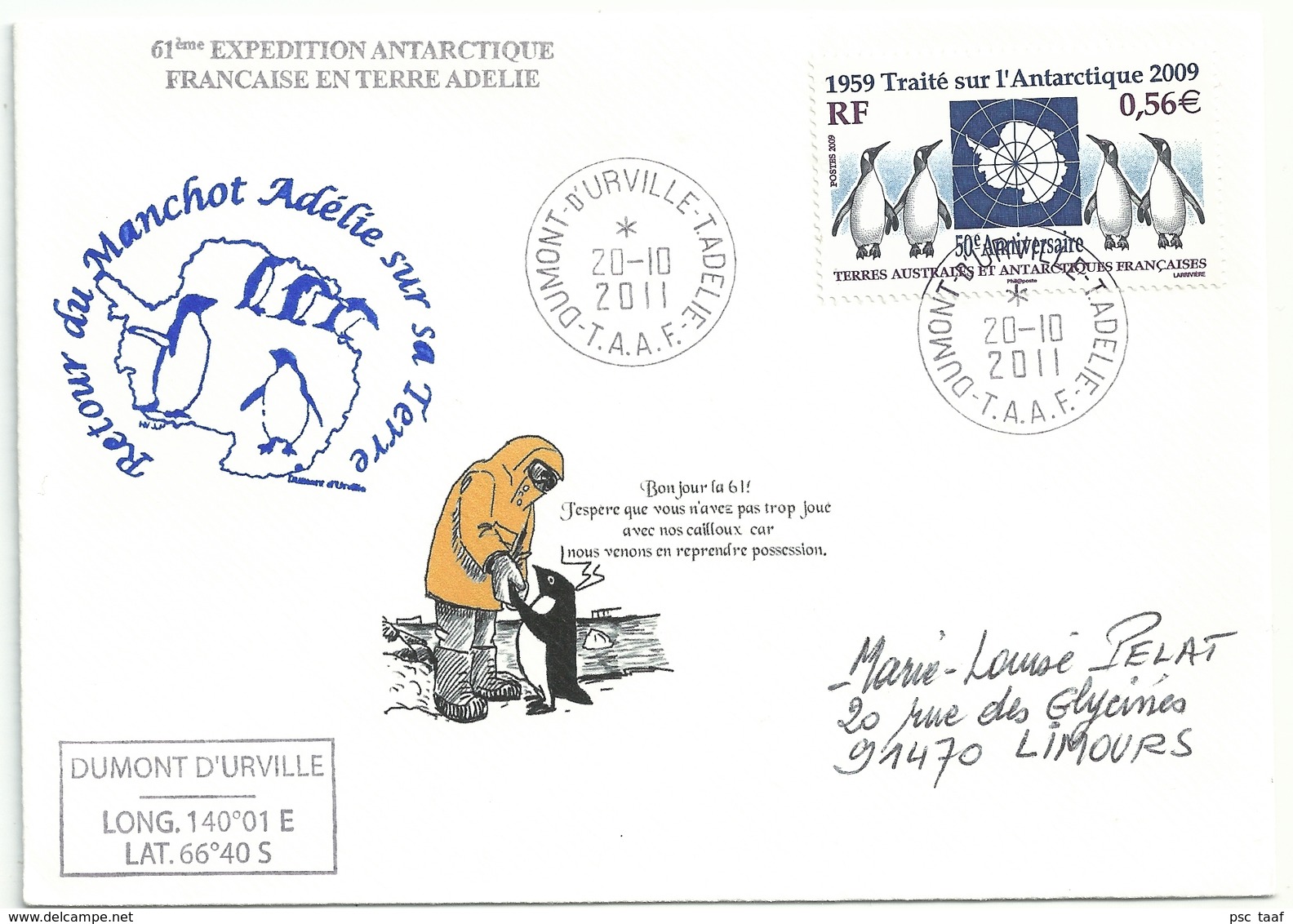 YT 551 - Traité Sur L'Antarctique - Manchots - Dumont D'Urville - Terre Adélie - 20/10/2011 - Lettres & Documents