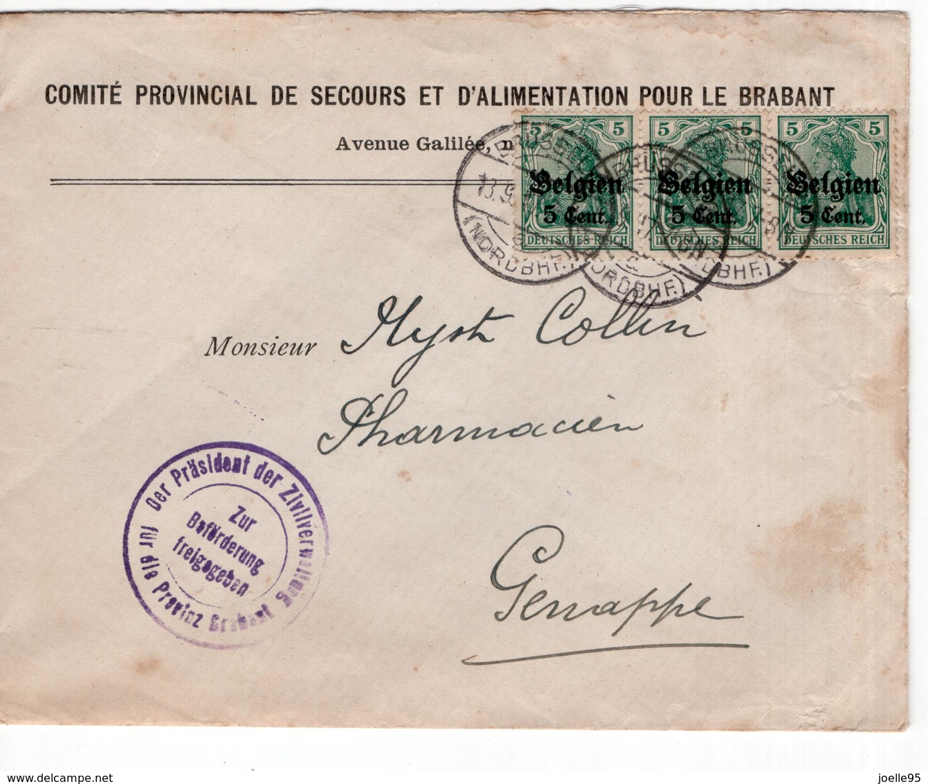 CP BELGIQUE ENTIER POSTAL - Occ. Timbres 5 Cent. Op 5 Belgien Streep Van 3 - Comité Provincial Brabant Freigegeben 1917 - Occupation Allemande