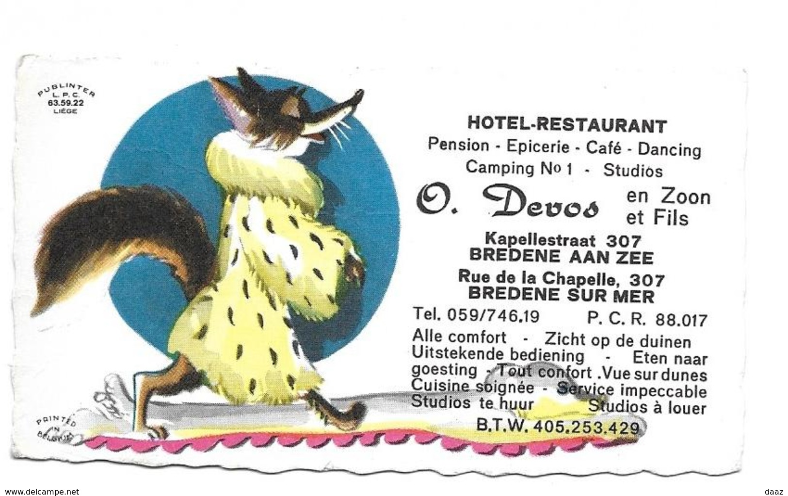 Hôtel Restaurant Devos Bredene Carton Publicitaire 10x6 - Reclame