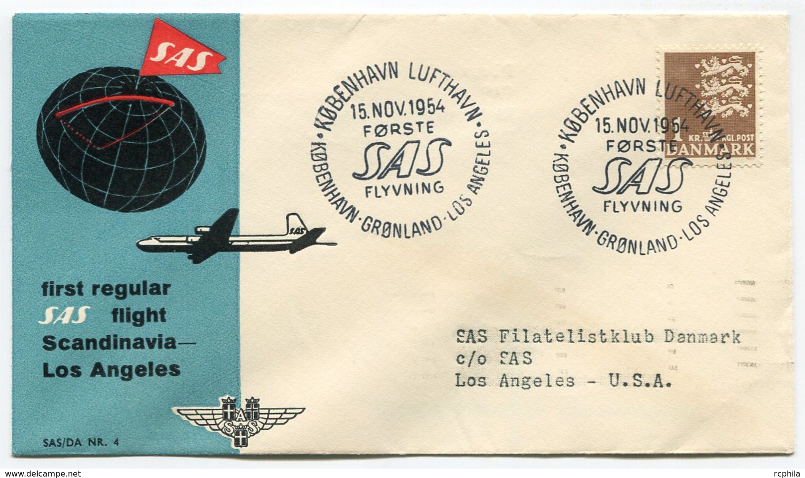 RC 15701 DANEMARK 1954 KOBENHAVEN - LOS ANGELES USA SAS FFC 1er VOL TB - Luchtpostzegels