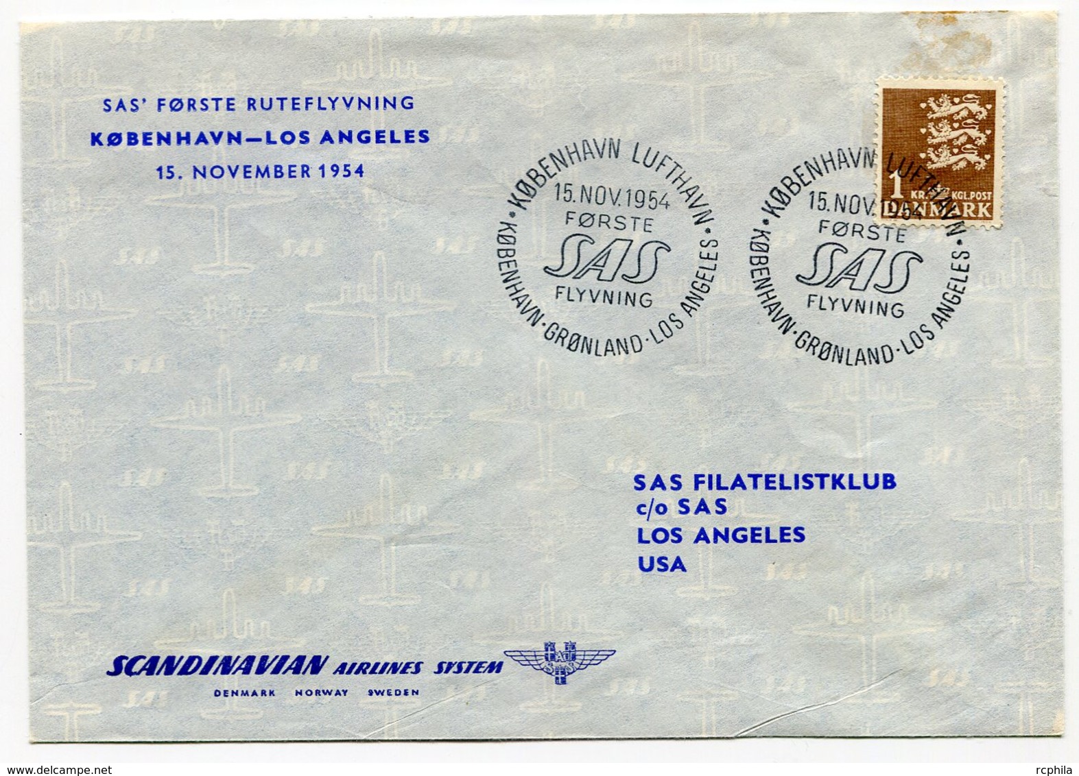RC 15702 DANEMARK 1954 KOBENHAVEN - LOS ANGELES USA SAS FFC 1er VOL TB - Aéreo