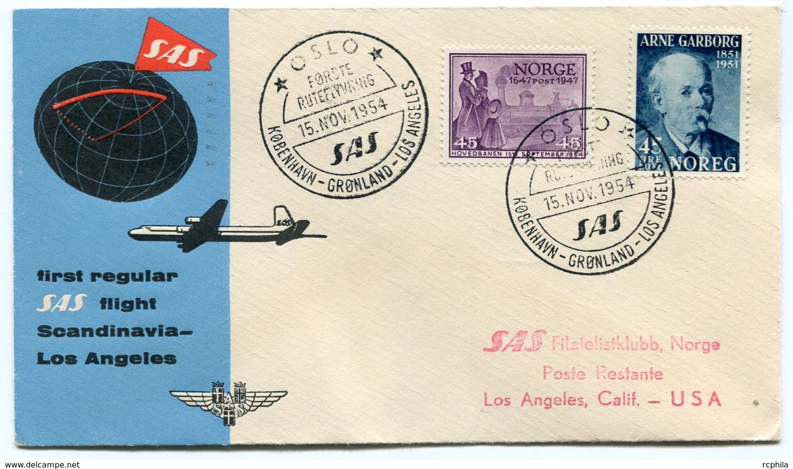 RC 15703 NORVEGE 1954 KOBENHAVEN - LOS ANGELES USA SAS FFC 1er VOL TB - Cartas & Documentos