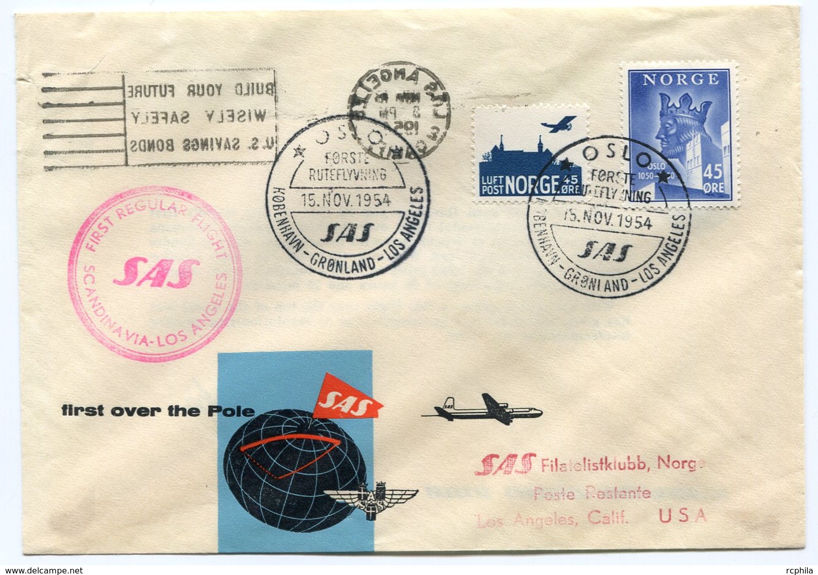 RC 15704 NORVEGE 1954 KOBENHAVEN - LOS ANGELES USA SAS FFC 1er VOL TB - Lettres & Documents