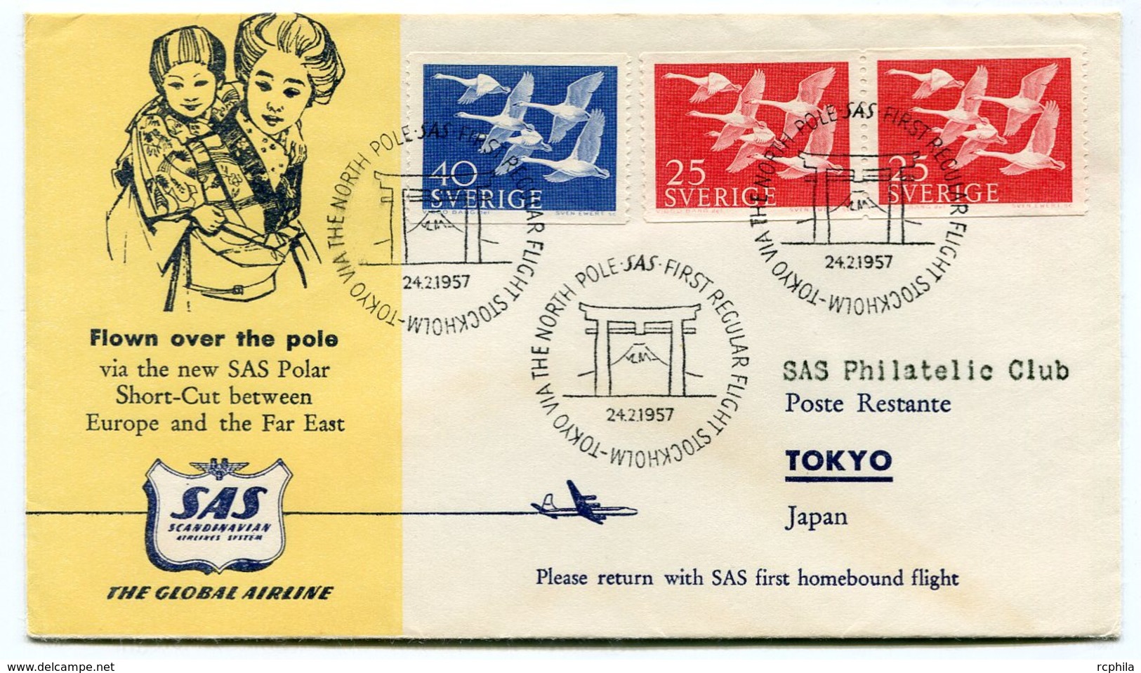 RC 15705 SUEDE 1957 STOCKHOLM - TOKYO JAPAN JAPON VIA THE NORTH POLE SAS FFC 1er VOL TB - Covers & Documents