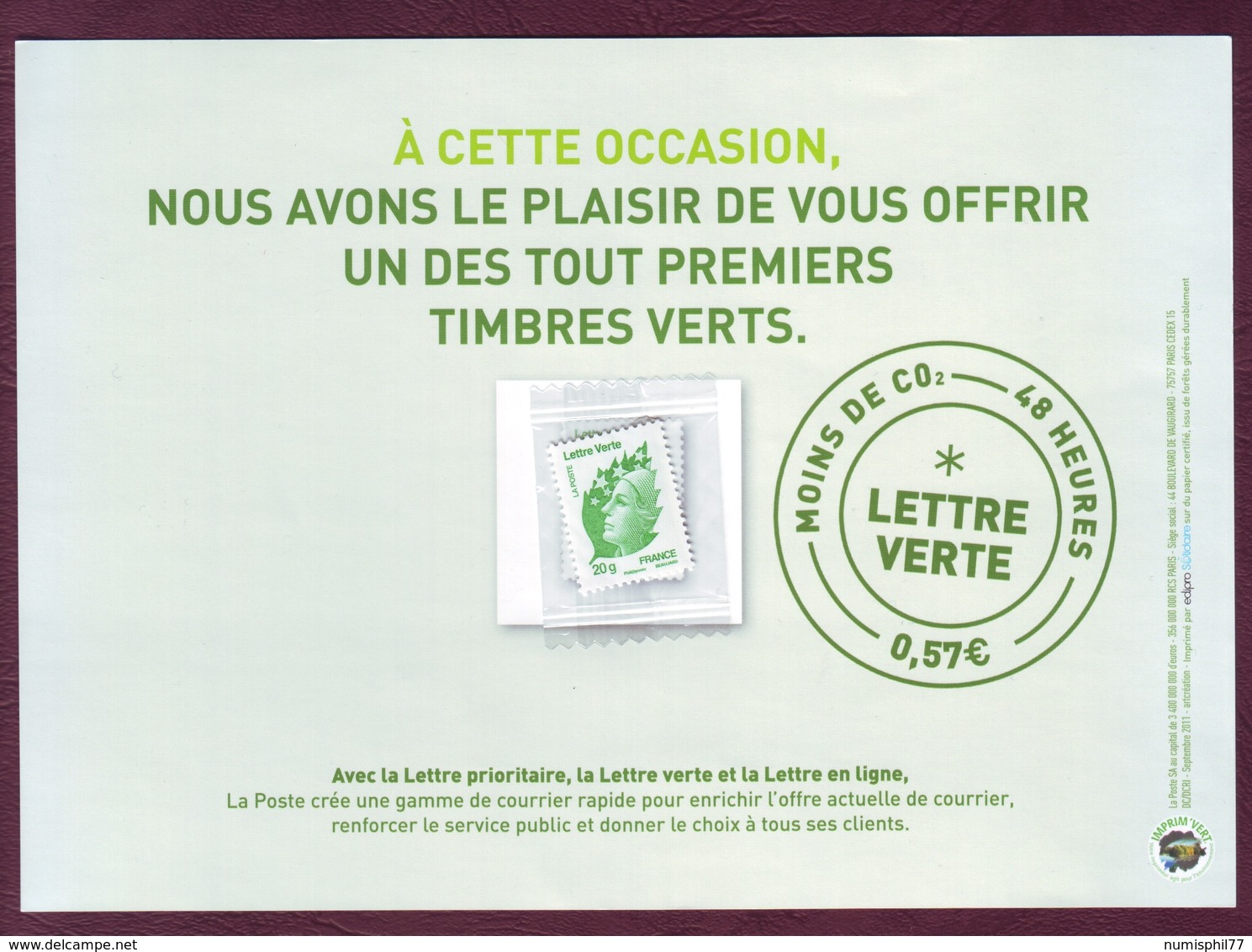 2011 - Publicité LETTRE VERTE Avec Timbre Offert - 2008-2013 Marianne De Beaujard