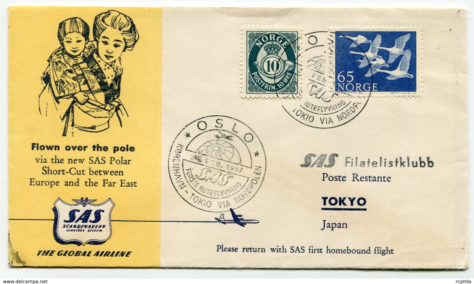 RC 15707 NORVEGE 1957 OSLO - TOKYO JAPAN JAPON VIA THE NORTH POLE SAS FFC 1er VOL TB - Lettres & Documents