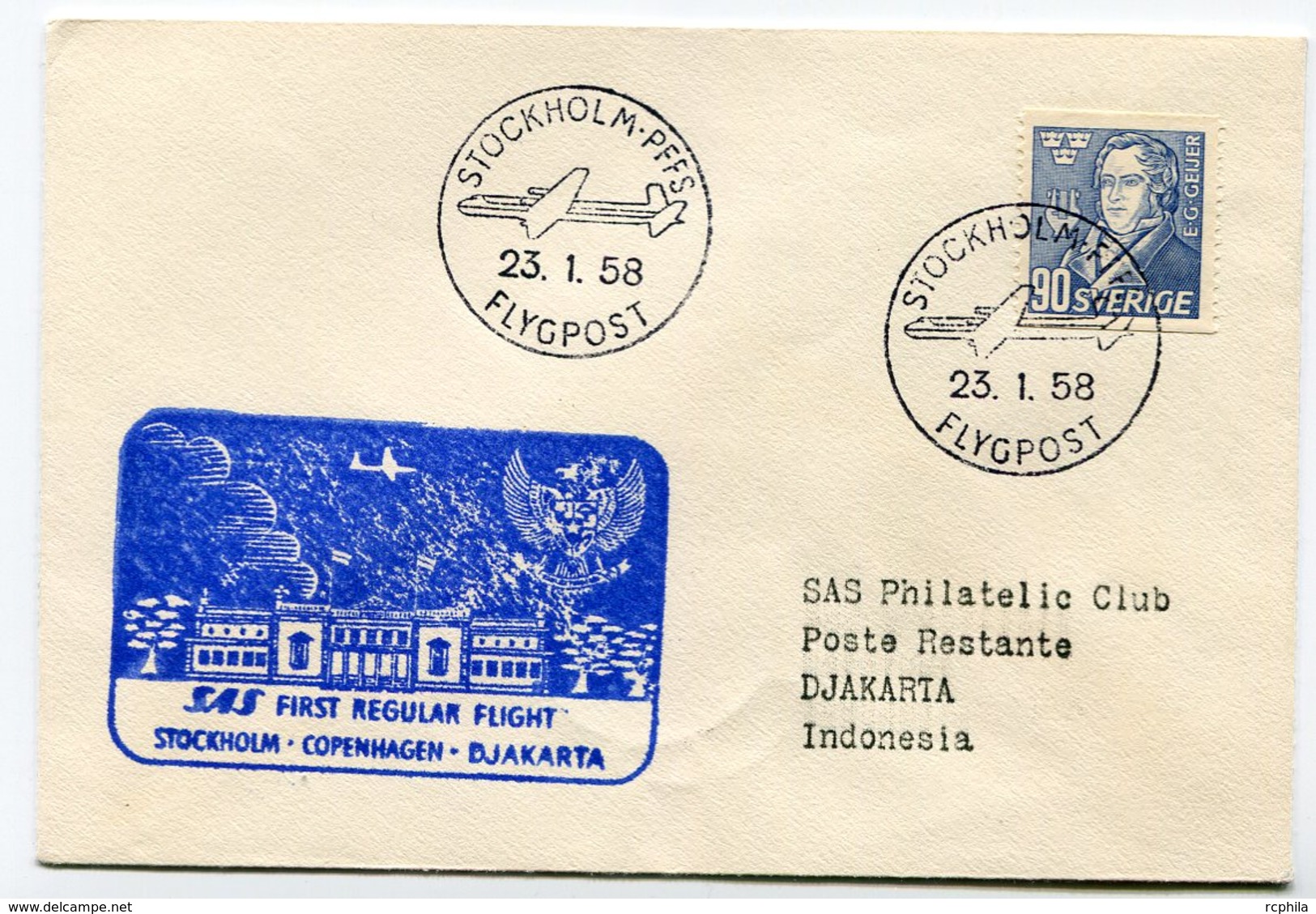 RC 15710 SUEDE 1958 STOCKHOLM - COPENHAGEN - DJAKARTA INDONESIA  SAS FFC 1er VOL TB - Storia Postale