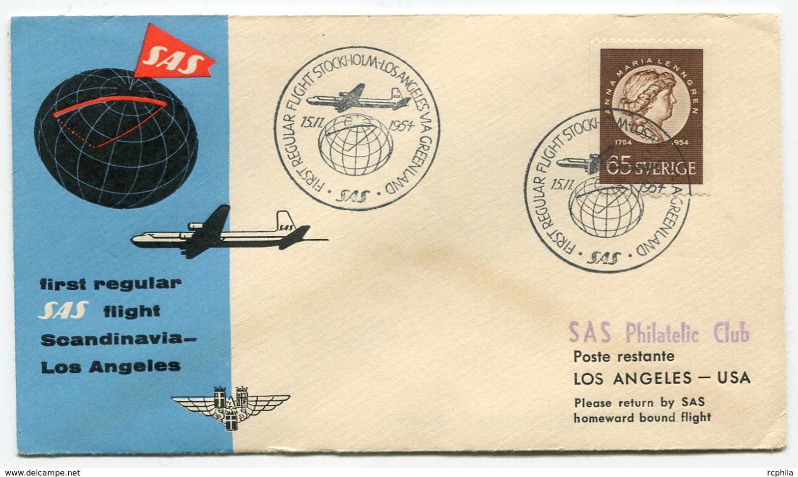 RC 15711 SUEDE 1954 STOCKHOLM - LOS ANGELES VIA GREENLAND SAS FFC 1er VOL TB - Storia Postale