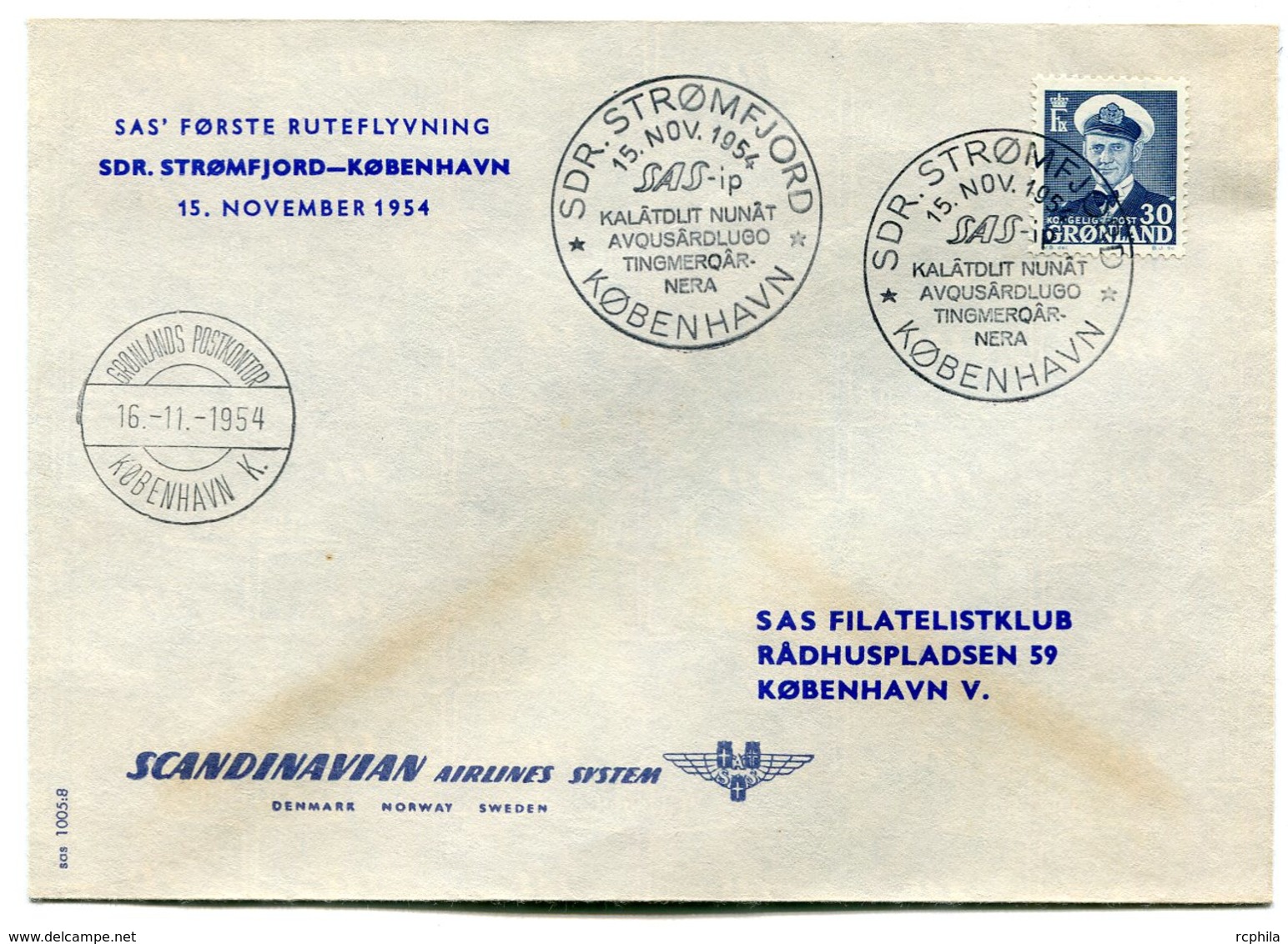 RC 15713 GROENLAND 1954 STOMFJORD - KOBENHAVN -  GREENLAND SAS FFC 1er VOL TB - Marcophilie