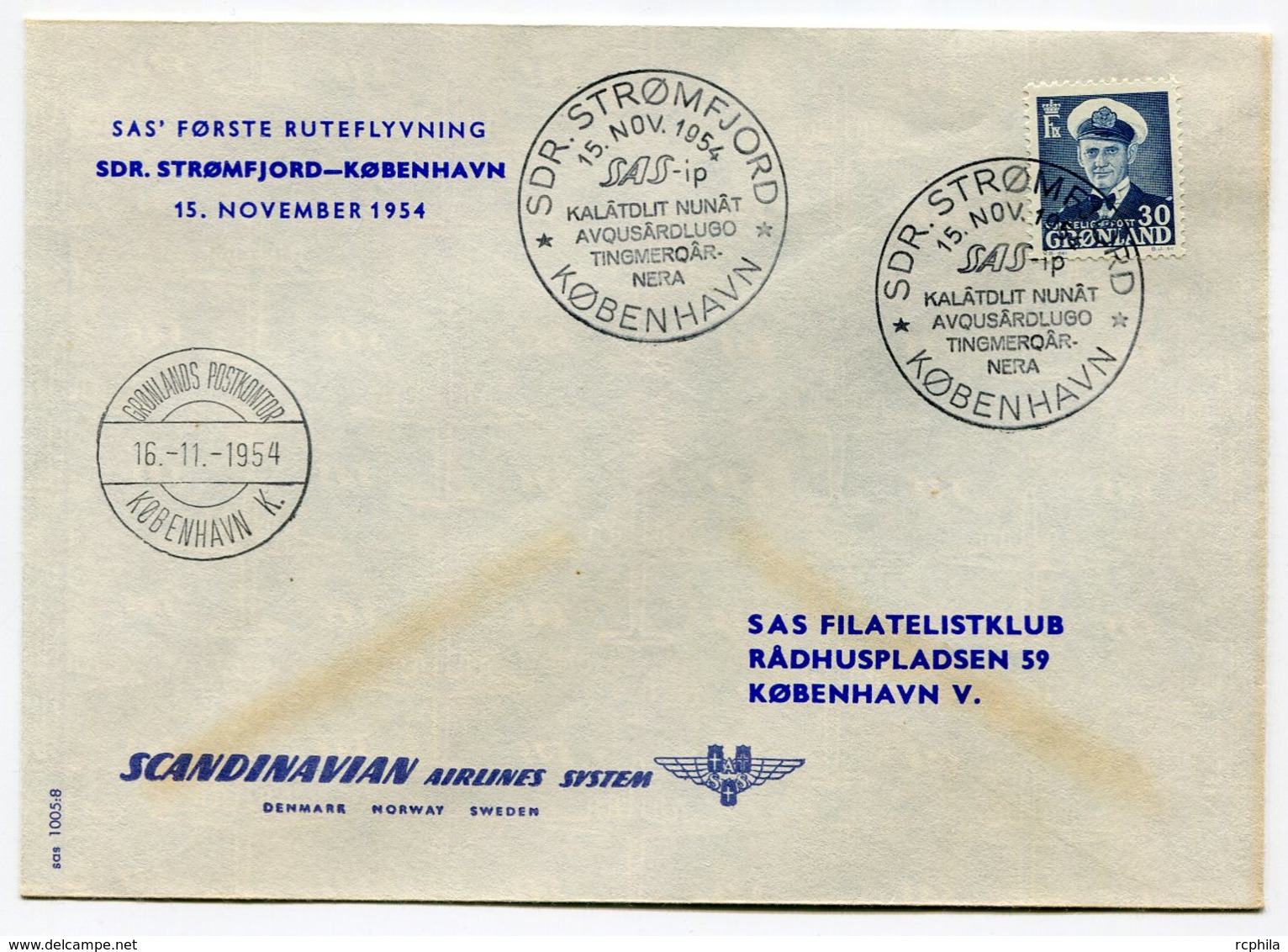 RC 15714 GROENLAND 1954 STOMFJORD - KOBENHAVN -  GREENLAND SAS FFC 1er VOL TB - Poststempel