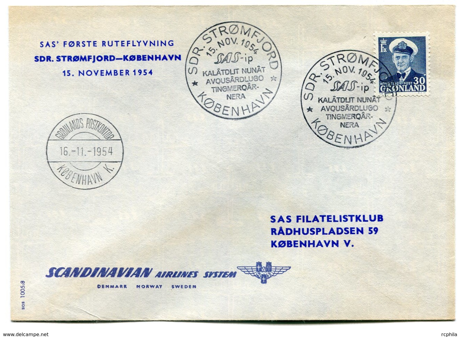 RC 15715 GROENLAND 1954 STOMFJORD - KOBENHAVN -  GREENLAND SAS FFC 1er VOL TB - Storia Postale