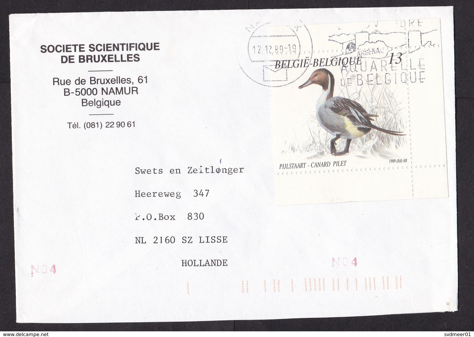 Belgium: Cover To Netherlands, 1989, 1 Stamp, Duck, Bird, Tab At 3 Sides, From Booklet Pane? (traces Of Use) - Storia Postale