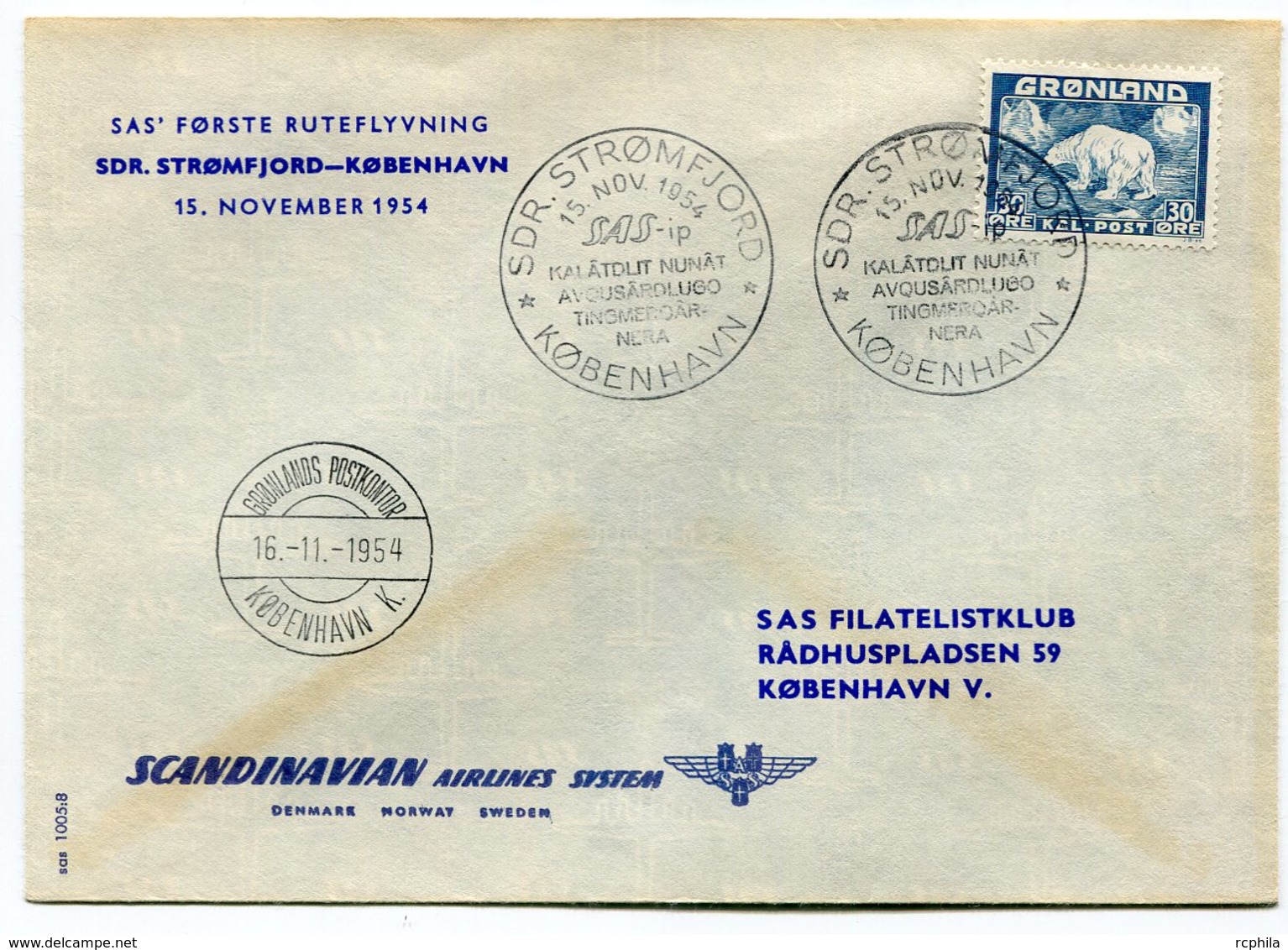 RC 15716 GROENLAND 1954 STOMFJORD - KOBENHAVN -  GREENLAND SAS FFC 1er VOL TB - Storia Postale