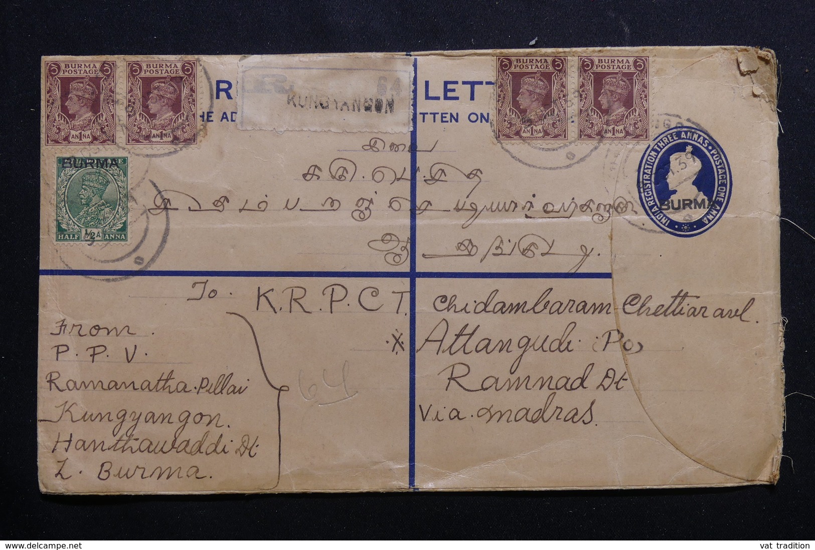 BIRMANIE - Entier Postal + Compléments En Recommandé De Kungyangon Pour Madras En 1939  - L 54307 - Burma (...-1947)