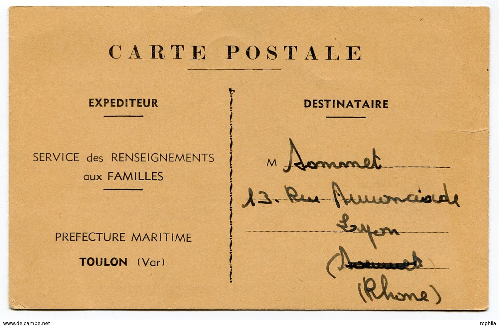 RC 15719 FRANCE 1942 CARTE FM RENSEIGNEMENTS AUX FAMILLES PREFECTURE MARITIME DE TOULON POSTE NAVALE RARE - Lettres & Documents