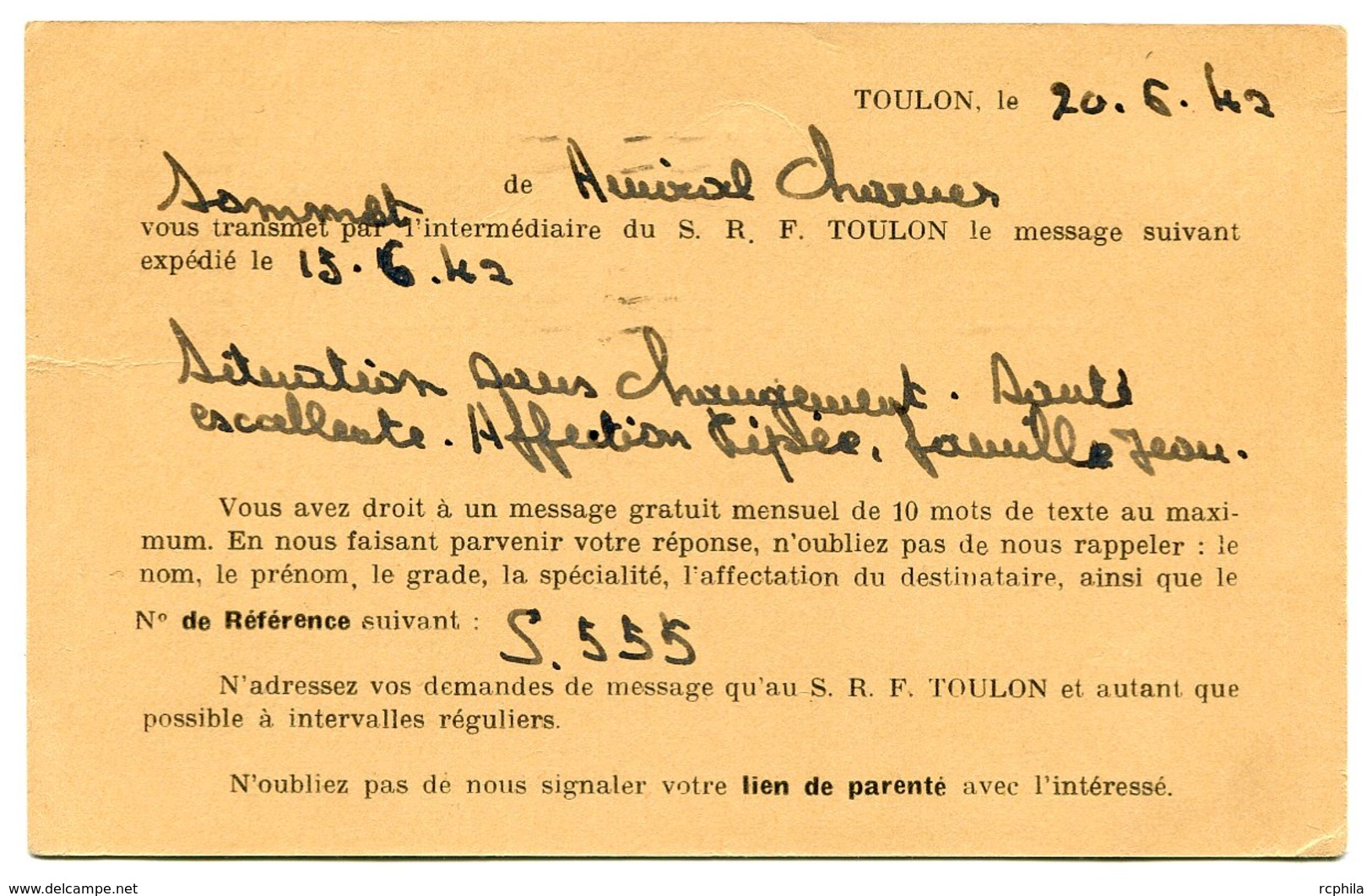 RC 15719 FRANCE 1942 CARTE FM RENSEIGNEMENTS AUX FAMILLES PREFECTURE MARITIME DE TOULON POSTE NAVALE RARE - Briefe U. Dokumente
