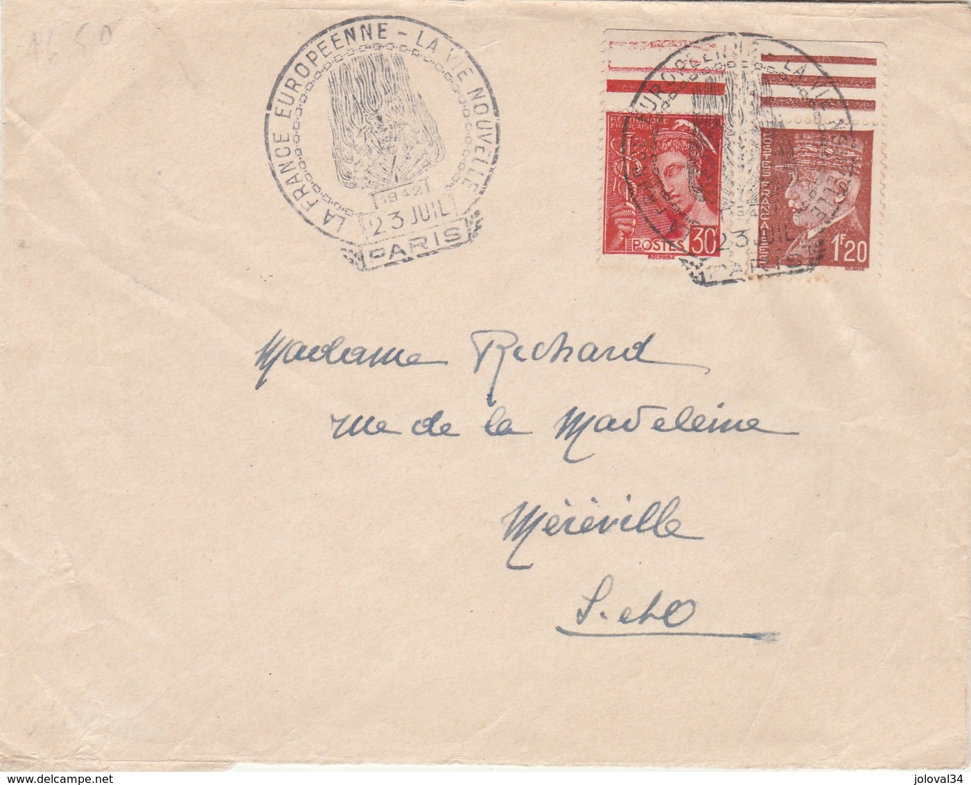 Yvert 515 Pétain + 412 Mercure Lettre Cachet Propagande Illustré  France Européenne La Vie Nouvelle Paris 23/7/1942 - Storia Postale