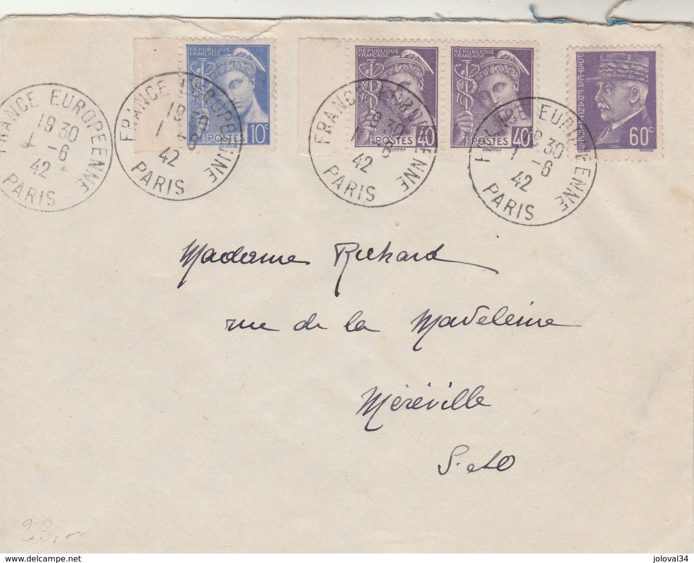 Yvert 509 Pétain + 407 + 413 Paire Mercure Lettre Cachet Propagande France Européenne Paris 1/6/1942 - Storia Postale